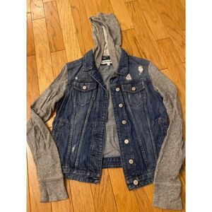 Express Jeans women's denim jacket with cotton long sleeves and hood size Medium
